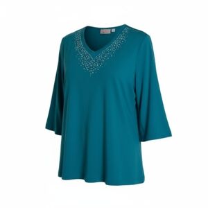 2X Quacker Factory Teal V-Neck Blouse with Embellishments